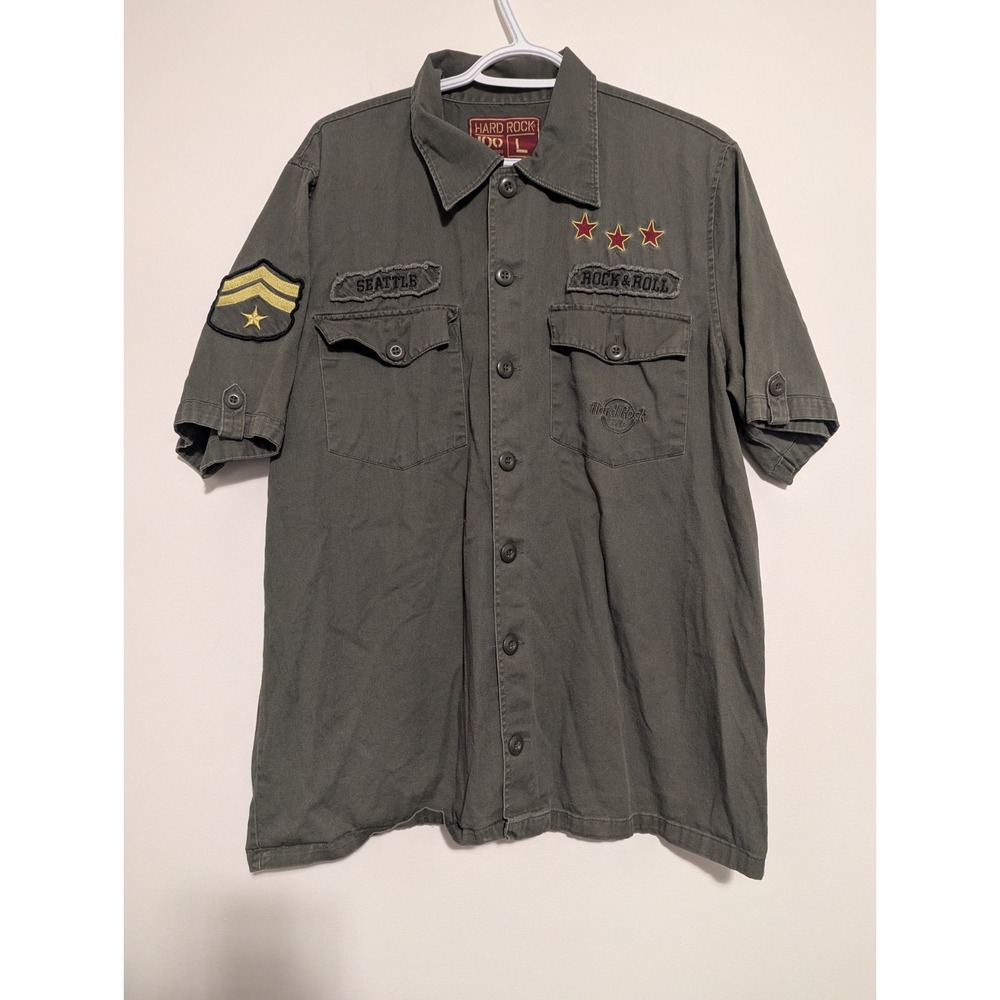 Hard Rock Cafe Military Green Button Up Short Sleeve Shirt Seattle Mens Sz Large